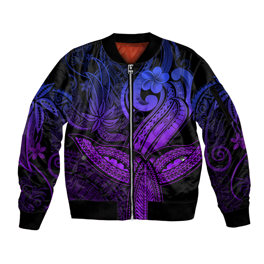 Polynesia Sleeve Zip Bomber Jacket Whale Tale and Polynesian Sunset Plumeria Purple LT9 Unisex Purple - Polynesian Pride
