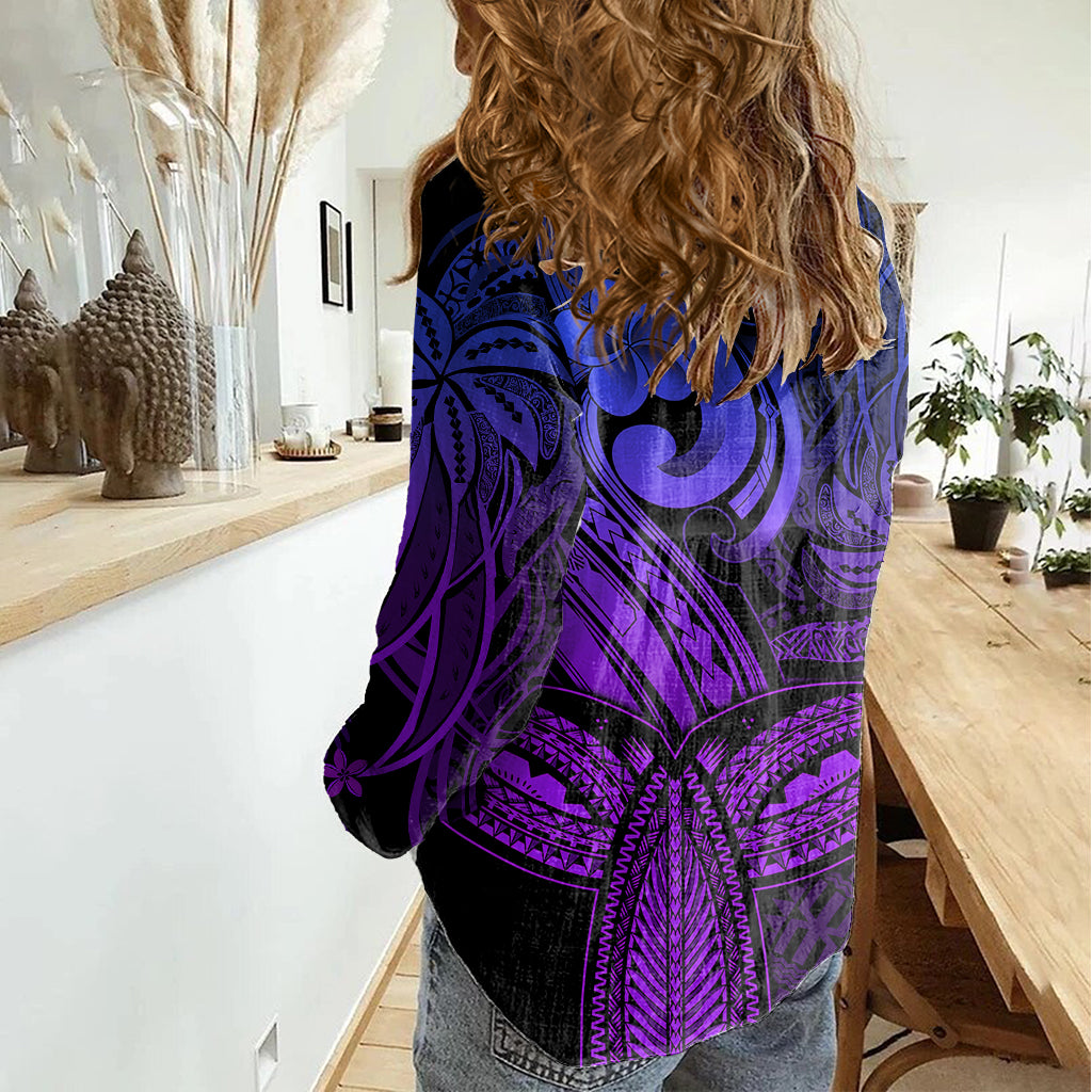Polynesia Women Casual Shirt Whale Tale and Polynesian Sunset Plumeria Purple LT9 - Polynesian Pride