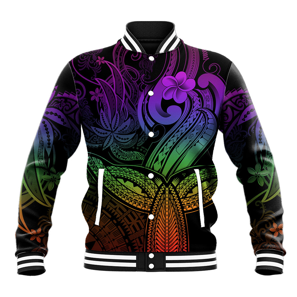 Polynesia Baseball Jacket Whale Tale and Polynesian Sunset Plumeria Rainbow LT9 Unisex Rainbow - Polynesian Pride