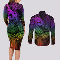 Polynesia Couples Matching Long Sleeve Bodycon Dress and Long Sleeve Button Shirts Whale Tale and Polynesian Sunset Plumeria Rainbow LT9 - Polynesian Pride
