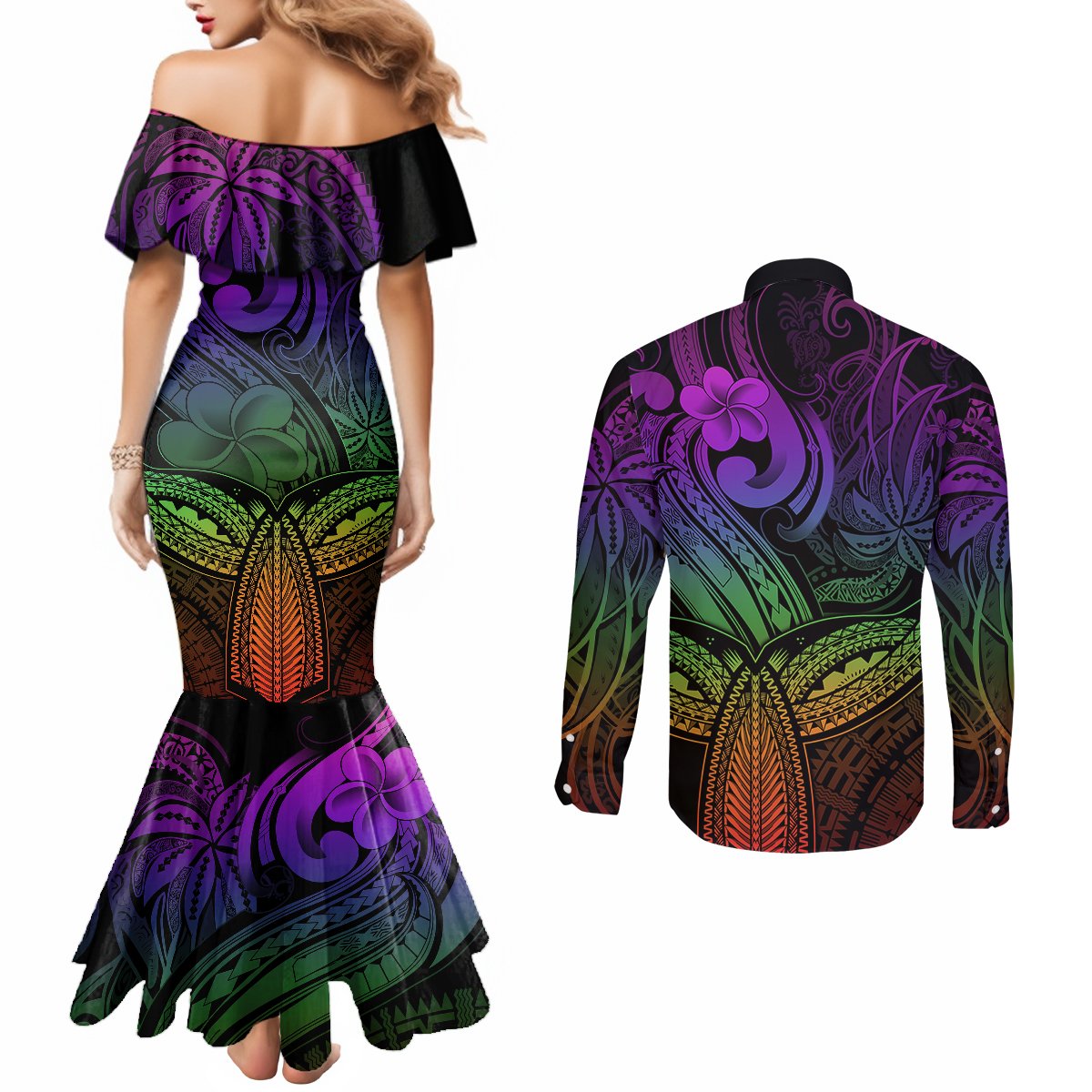 Polynesia Couples Matching Mermaid Dress and Long Sleeve Button Shirts Whale Tale and Polynesian Sunset Plumeria Rainbow LT9 - Polynesian Pride