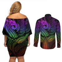 Polynesia Couples Matching Off Shoulder Short Dress and Long Sleeve Button Shirts Whale Tale and Polynesian Sunset Plumeria Rainbow LT9 - Polynesian Pride
