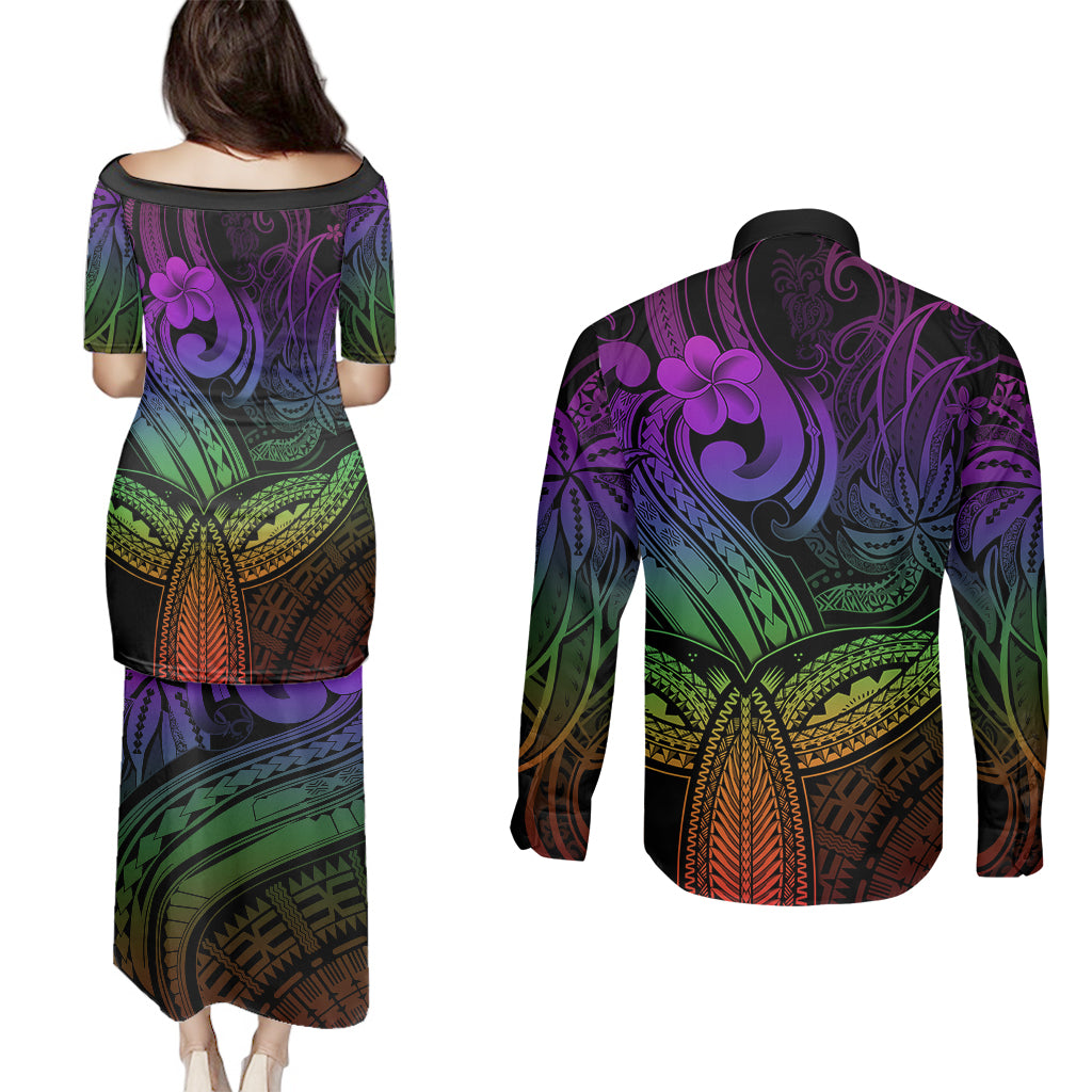 Polynesia Couples Matching Puletasi Dress and Long Sleeve Button Shirts Whale Tale and Polynesian Sunset Plumeria Rainbow LT9 - Polynesian Pride