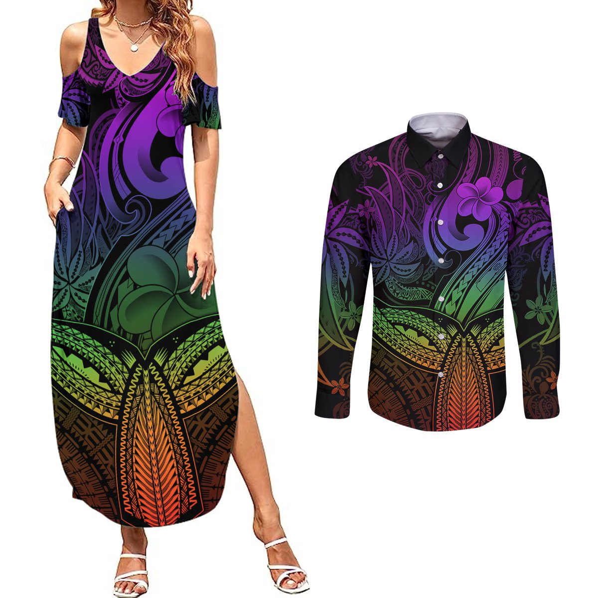 Polynesia Couples Matching Summer Maxi Dress and Long Sleeve Button Shirts Whale Tale and Polynesian Sunset Plumeria Rainbow LT9 Rainbow - Polynesian Pride