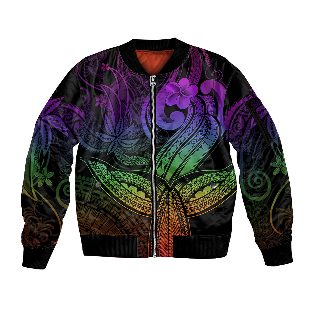 Polynesia Sleeve Zip Bomber Jacket Whale Tale and Polynesian Sunset Plumeria Rainbow LT9 Unisex Rainbow - Polynesian Pride
