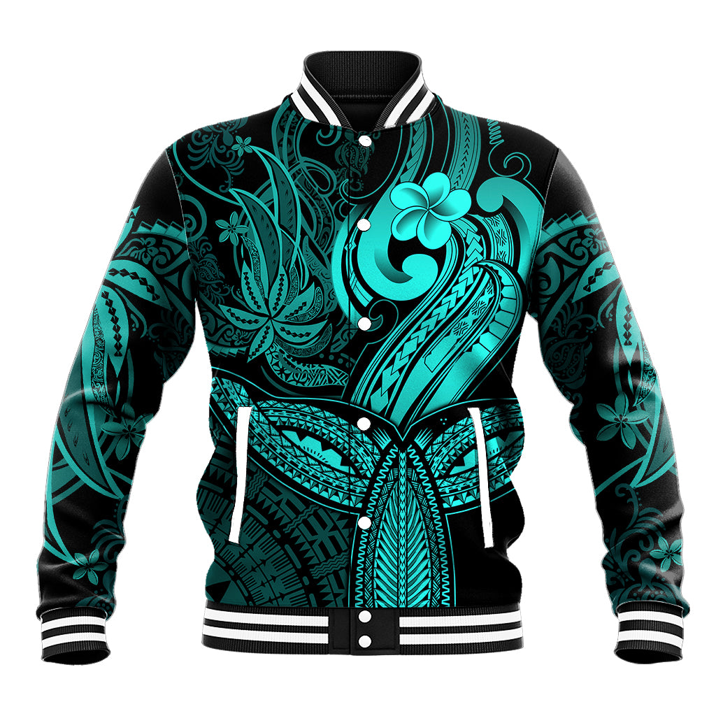 Polynesia Baseball Jacket Whale Tale and Polynesian Sunset Plumeria Turquoise LT9 Unisex Turquoise - Polynesian Pride