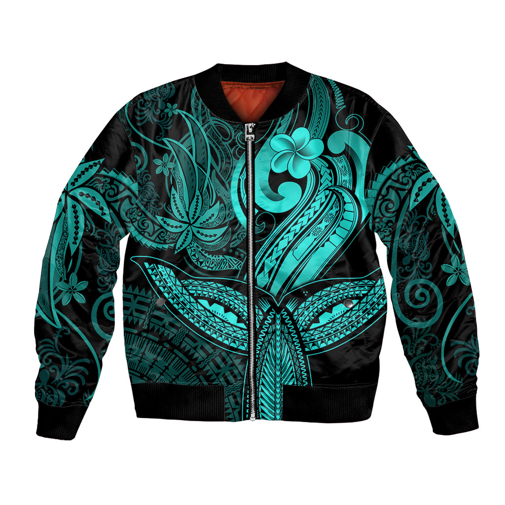 Polynesia Bomber Jacket Whale Tale and Polynesian Sunset Plumeria Turquoise LT9 Unisex Turquoise - Polynesian Pride