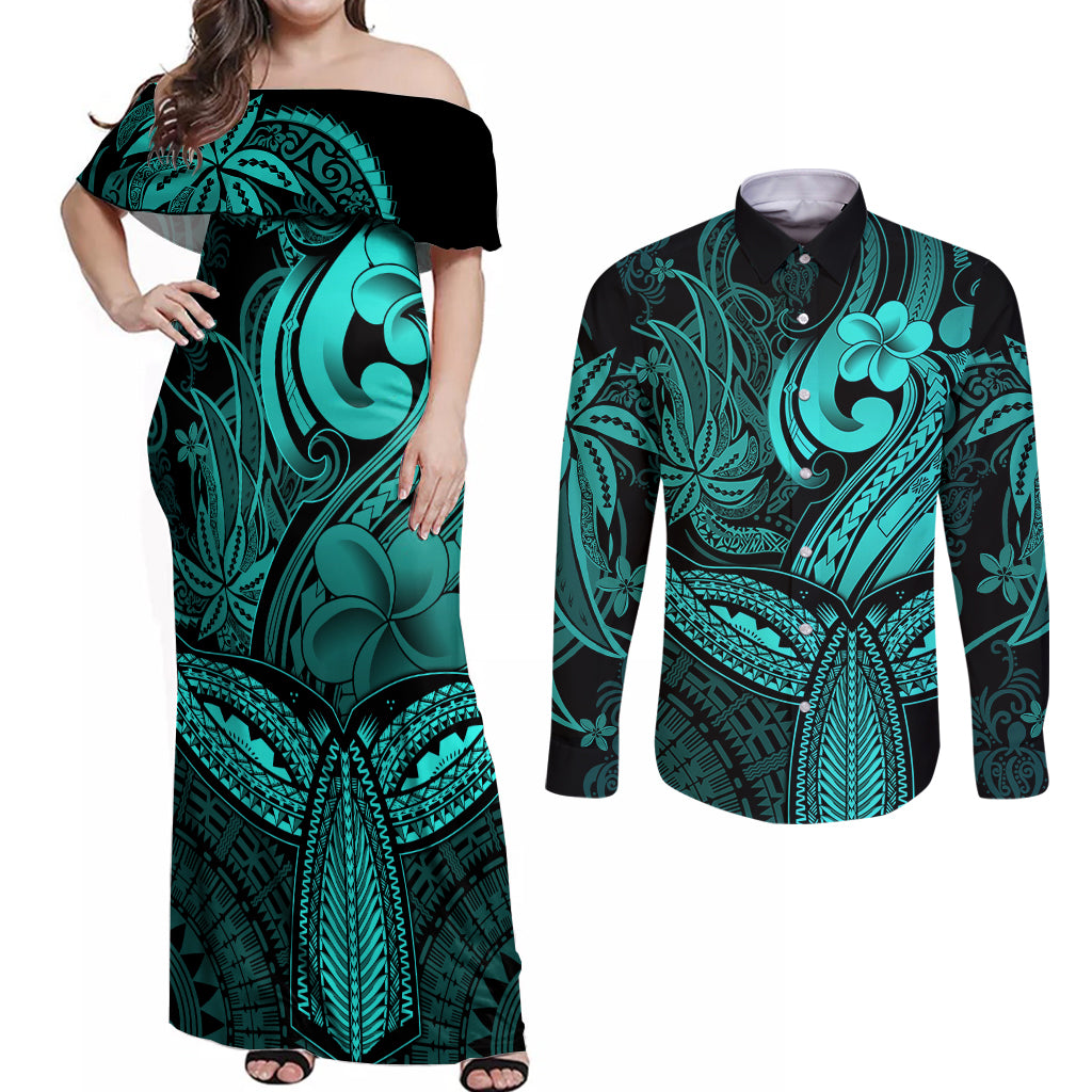 Polynesia Couples Matching Off Shoulder Maxi Dress and Long Sleeve Button Shirts Whale Tale and Polynesian Sunset Plumeria Turquoise LT9 Turquoise - Polynesian Pride