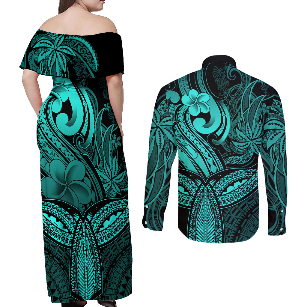 Polynesia Couples Matching Off Shoulder Maxi Dress and Long Sleeve Button Shirts Whale Tale and Polynesian Sunset Plumeria Turquoise LT9 - Polynesian Pride