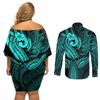 Polynesia Couples Matching Off Shoulder Short Dress and Long Sleeve Button Shirts Whale Tale and Polynesian Sunset Plumeria Turquoise LT9 - Polynesian Pride