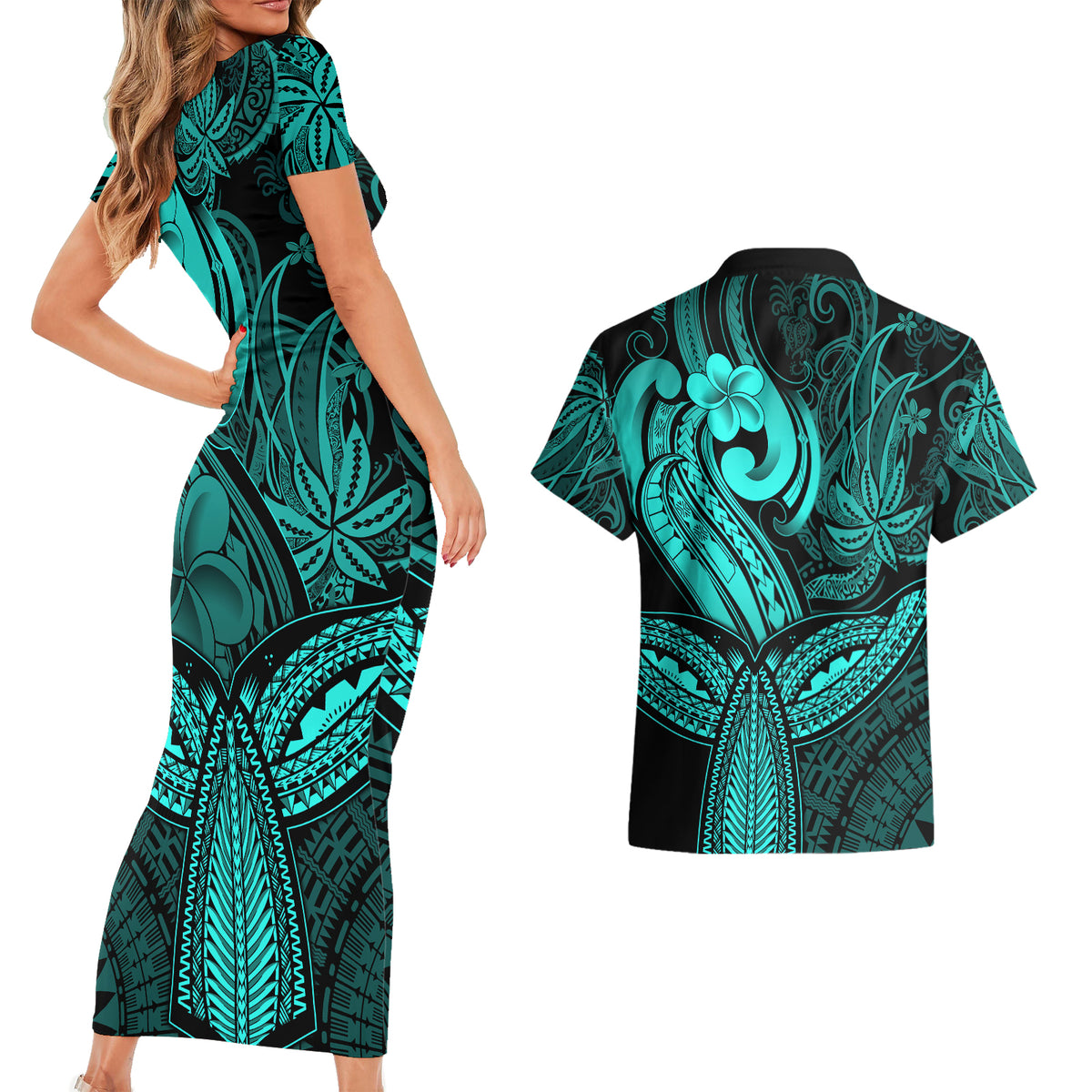 Polynesia Couples Matching Short Sleeve Bodycon Dress and Hawaiian Shirt Whale Tale and Polynesian Sunset Plumeria Turquoise LT9 - Polynesian Pride