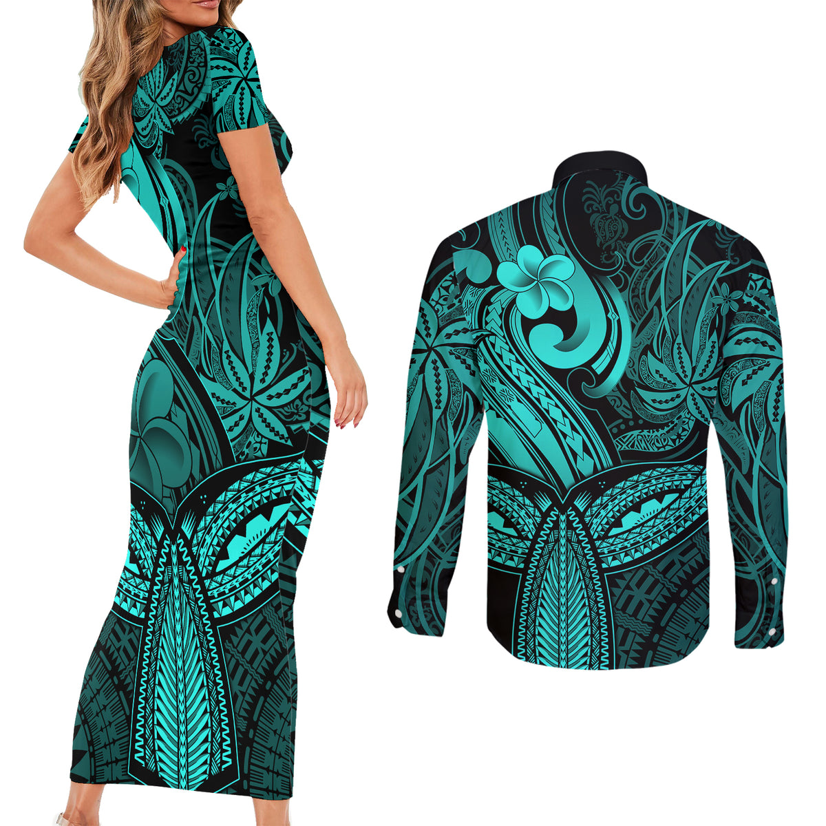 Polynesia Couples Matching Short Sleeve Bodycon Dress and Long Sleeve Button Shirts Whale Tale and Polynesian Sunset Plumeria Turquoise LT9 - Polynesian Pride