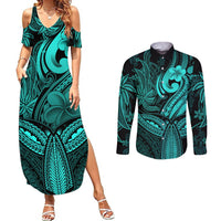 Polynesia Couples Matching Summer Maxi Dress and Long Sleeve Button Shirts Whale Tale and Polynesian Sunset Plumeria Turquoise LT9 Turquoise - Polynesian Pride