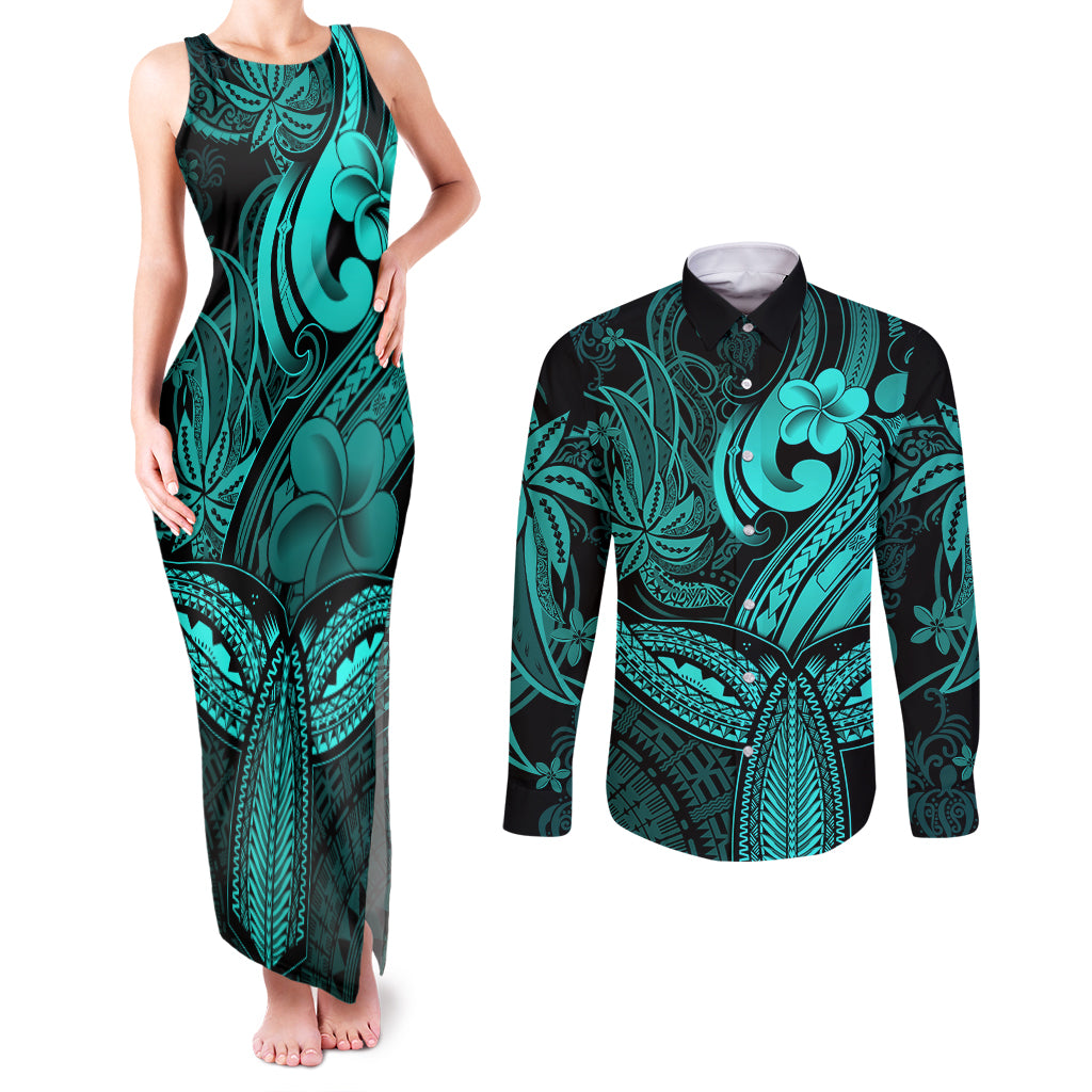 Polynesia Couples Matching Tank Maxi Dress and Long Sleeve Button Shirts Whale Tale and Polynesian Sunset Plumeria Turquoise LT9 Turquoise - Polynesian Pride