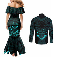 FSM Chuuk States Couples Matching Mermaid Dress and Long Sleeve Button Shirts Micronesia Vintage Polynesian Tribal Aqua Version LT9 - Polynesian Pride