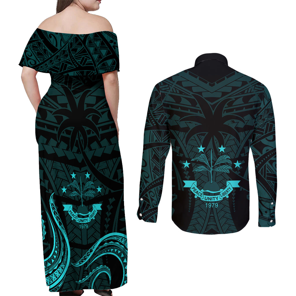 FSM Chuuk States Couples Matching Off Shoulder Maxi Dress and Long Sleeve Button Shirts Micronesia Vintage Polynesian Tribal Aqua Version LT9 - Polynesian Pride