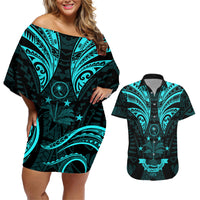 FSM Chuuk States Couples Matching Off Shoulder Short Dress and Hawaiian Shirt Micronesia Vintage Polynesian Tribal Aqua Version LT9 Aqua - Polynesian Pride