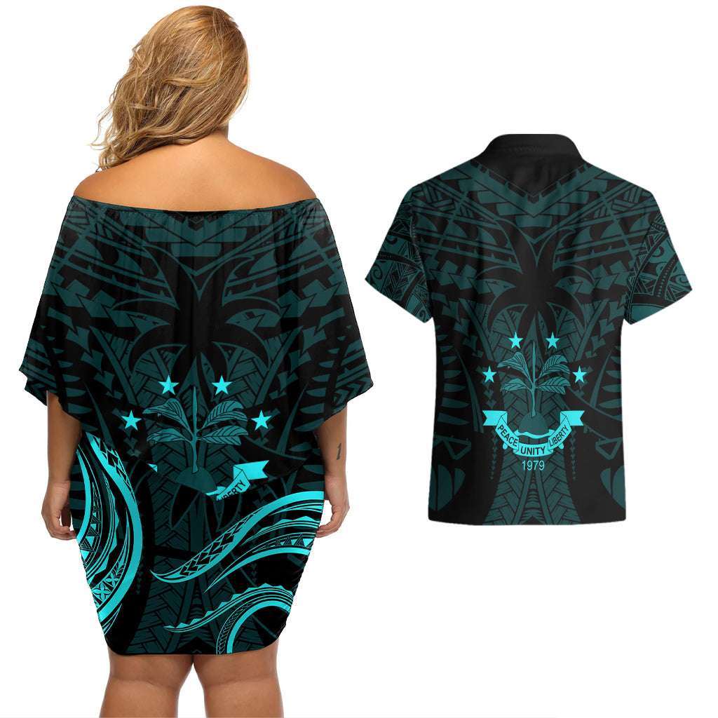 FSM Chuuk States Couples Matching Off Shoulder Short Dress and Hawaiian Shirt Micronesia Vintage Polynesian Tribal Aqua Version LT9 - Polynesian Pride