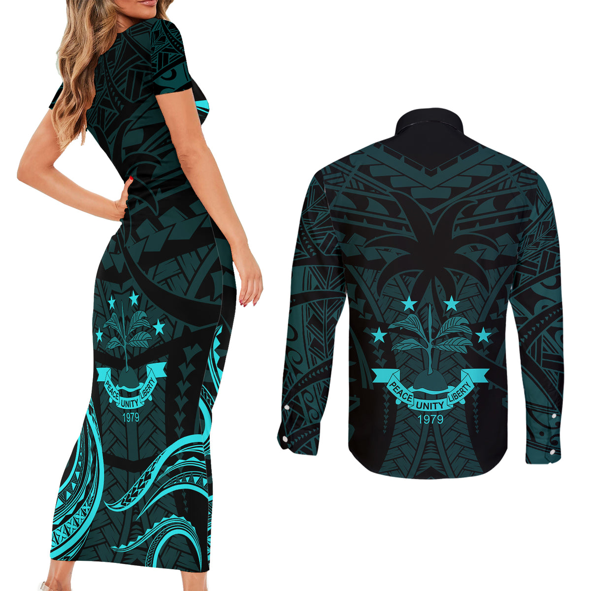 FSM Chuuk States Couples Matching Short Sleeve Bodycon Dress and Long Sleeve Button Shirts Micronesia Vintage Polynesian Tribal Aqua Version LT9 - Polynesian Pride