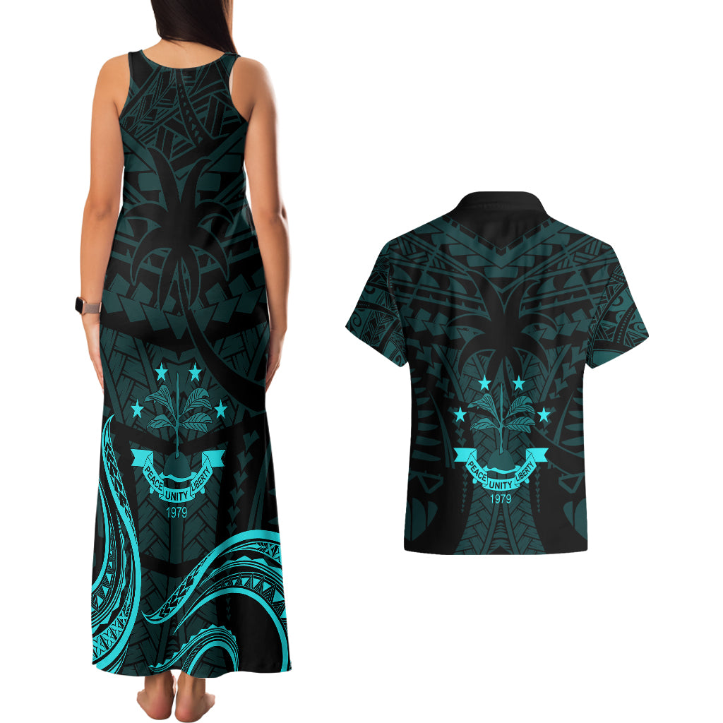 FSM Chuuk States Couples Matching Tank Maxi Dress and Hawaiian Shirt Micronesia Vintage Polynesian Tribal Aqua Version LT9 - Polynesian Pride