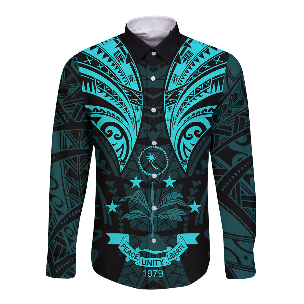 FSM Chuuk States Long Sleeve Button Shirt Micronesia Vintage Polynesian Tribal Aqua Version LT9 Unisex Aqua - Polynesian Pride