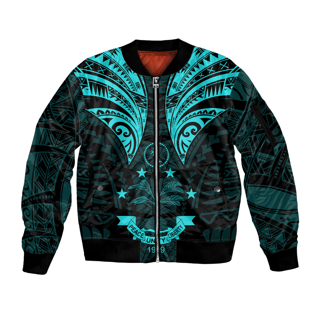 FSM Chuuk States Sleeve Zip Bomber Jacket Micronesia Vintage Polynesian Tribal Aqua Version LT9 Unisex Aqua - Polynesian Pride