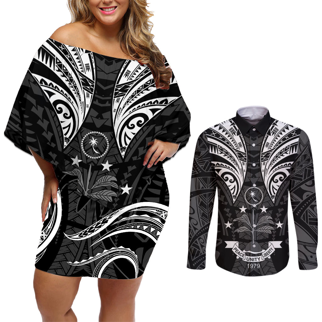 FSM Chuuk States Couples Matching Off Shoulder Short Dress and Long Sleeve Button Shirts Micronesia Vintage Polynesian Tribal Black Version LT9 Black - Polynesian Pride