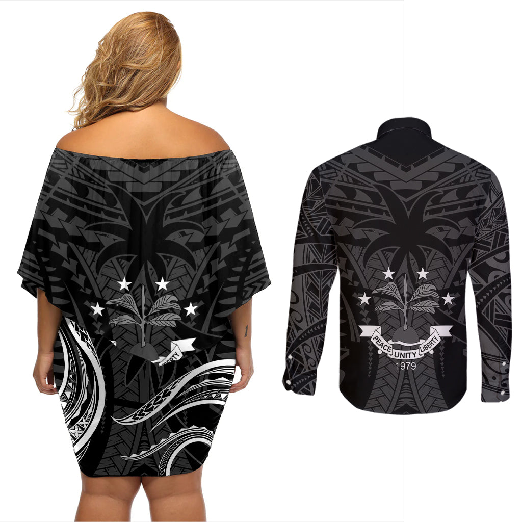 FSM Chuuk States Couples Matching Off Shoulder Short Dress and Long Sleeve Button Shirts Micronesia Vintage Polynesian Tribal Black Version LT9 - Polynesian Pride