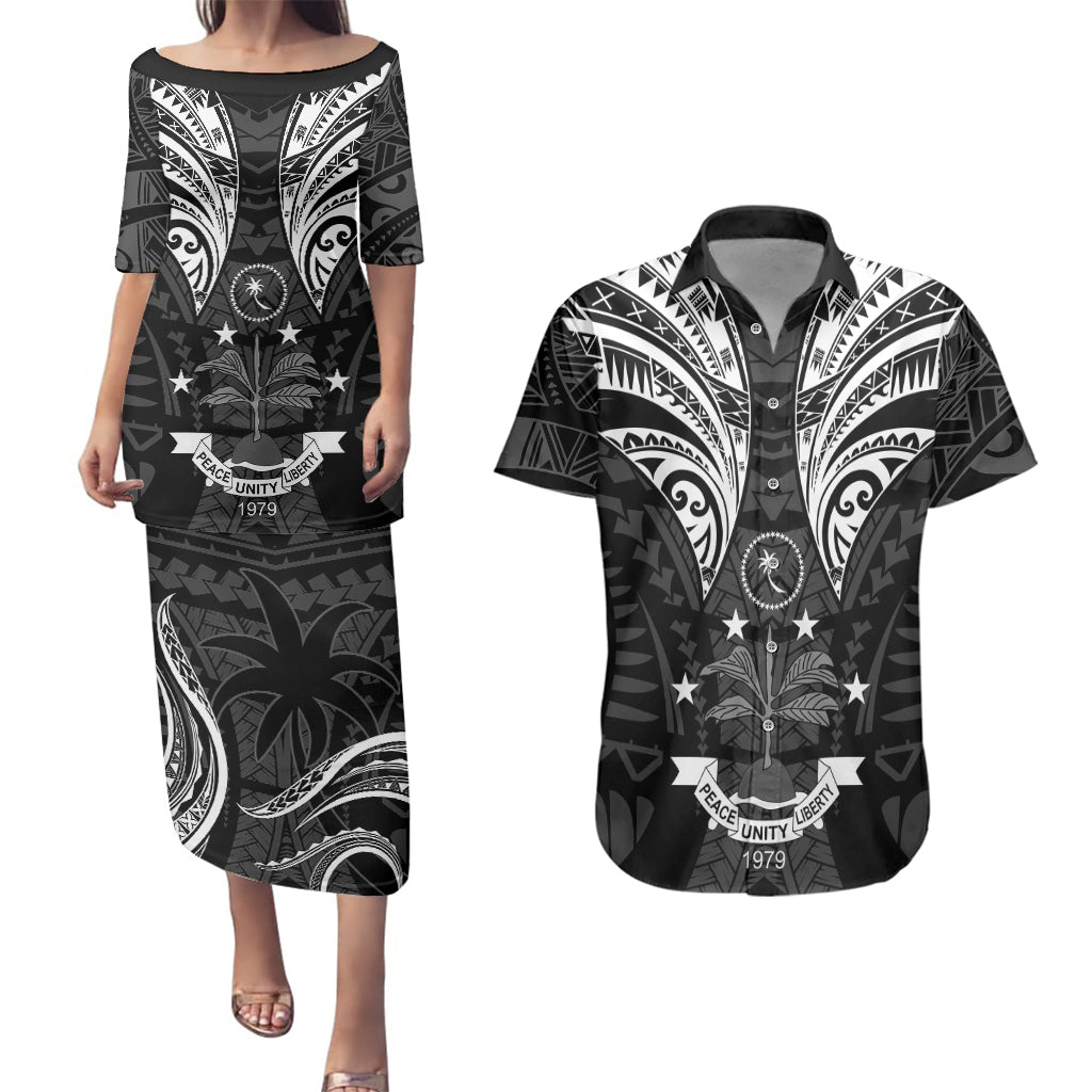 FSM Chuuk States Couples Matching Puletasi Dress and Hawaiian Shirt Micronesia Vintage Polynesian Tribal Black Version LT9 Black - Polynesian Pride