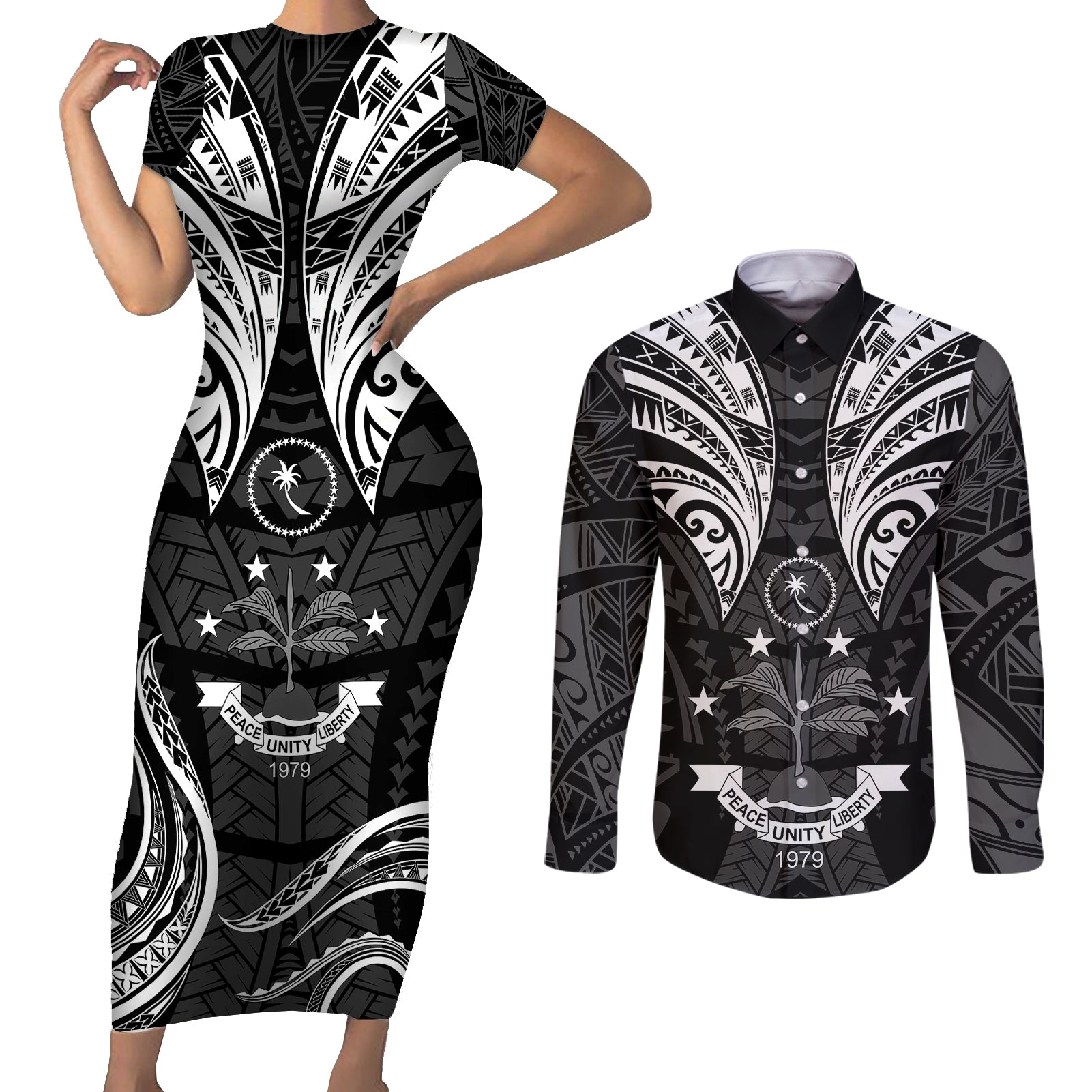 FSM Chuuk States Couples Matching Short Sleeve Bodycon Dress and Long Sleeve Button Shirts Micronesia Vintage Polynesian Tribal Black Version LT9 Black - Polynesian Pride
