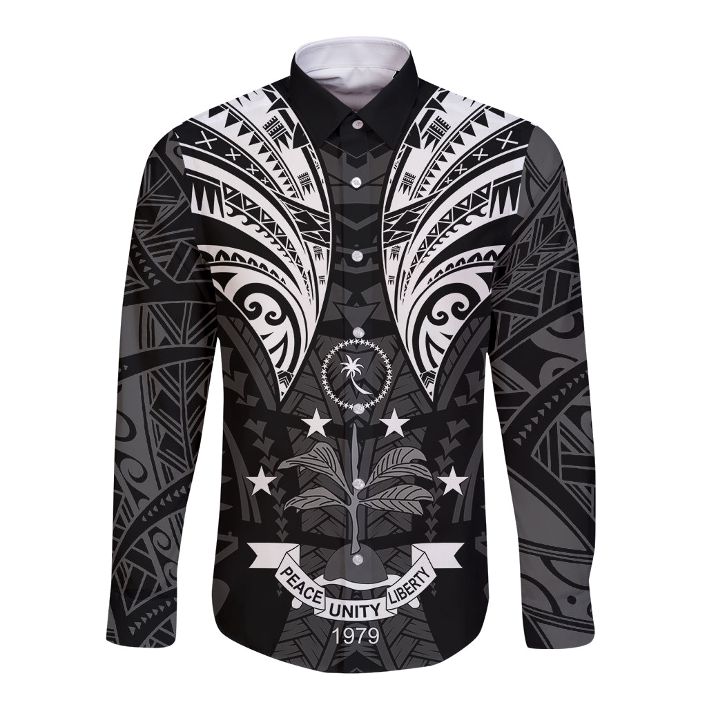 FSM Chuuk States Long Sleeve Button Shirt Micronesia Vintage Polynesian Tribal Black Version LT9 Unisex Black - Polynesian Pride