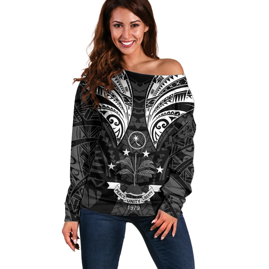 FSM Chuuk States Off Shoulder Sweater Micronesia Vintage Polynesian Tribal Black Version LT9 Women Black - Polynesian Pride