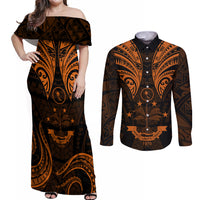 FSM Chuuk States Couples Matching Off Shoulder Maxi Dress and Long Sleeve Button Shirts Micronesia Vintage Polynesian Tribal Gold Version LT9 Gold - Polynesian Pride