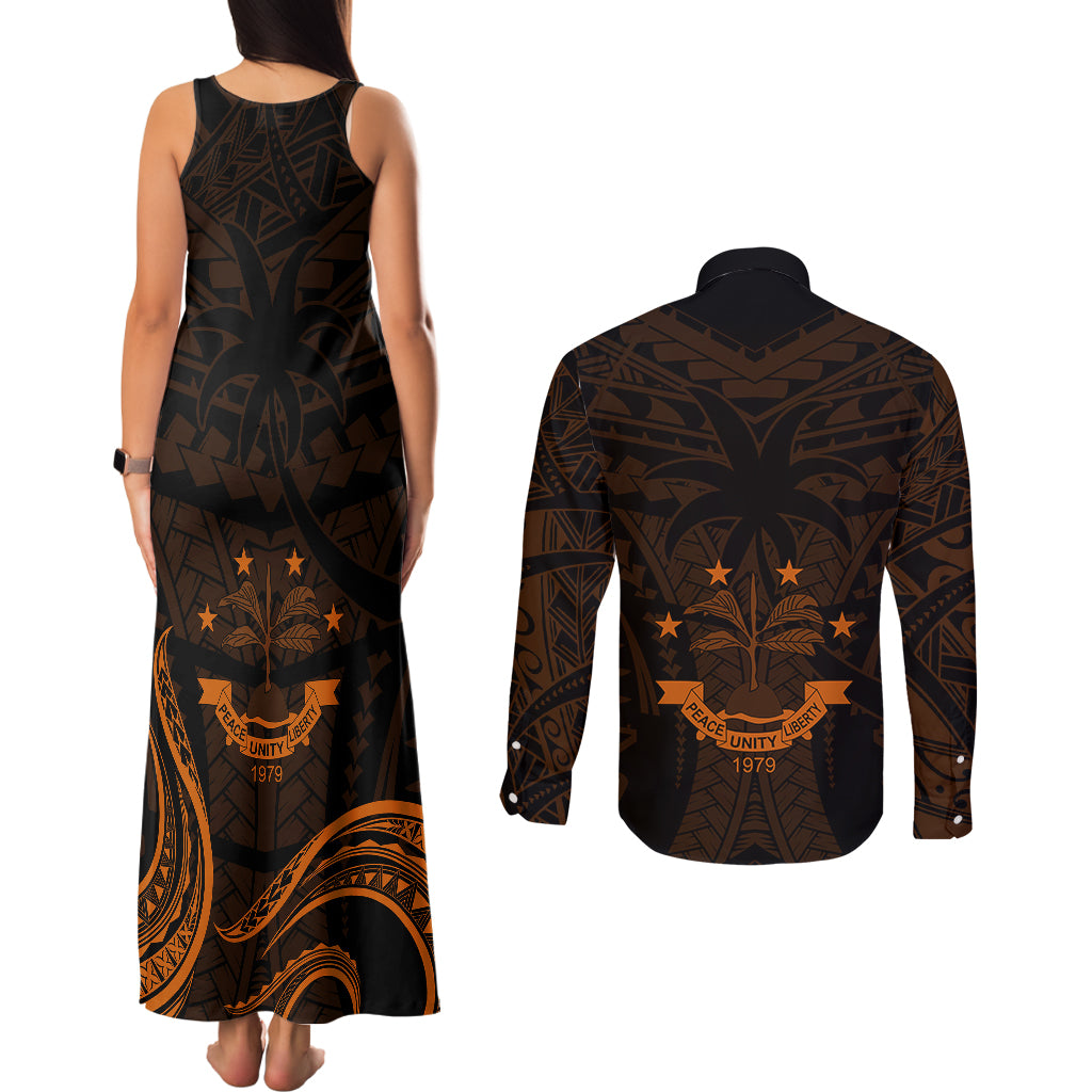 FSM Chuuk States Couples Matching Tank Maxi Dress and Long Sleeve Button Shirts Micronesia Vintage Polynesian Tribal Gold Version LT9 - Polynesian Pride
