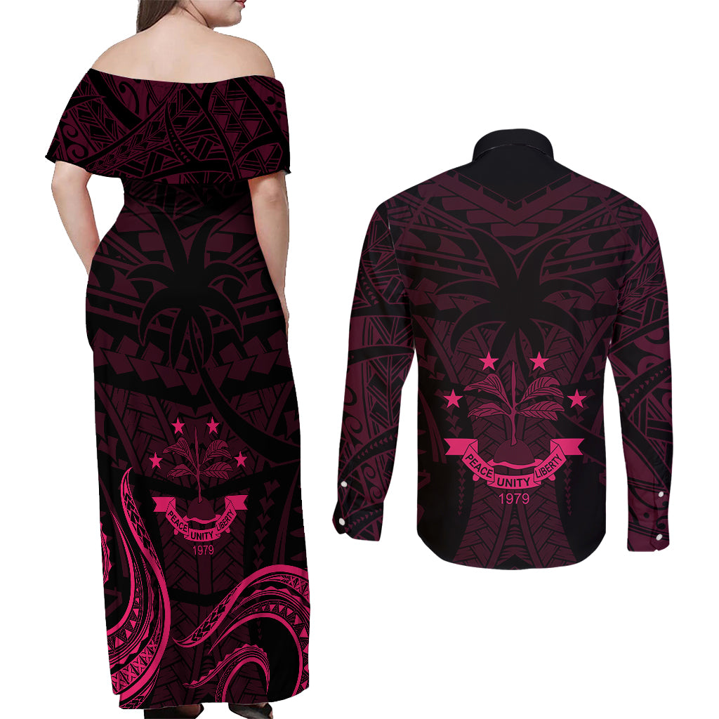 FSM Chuuk States Couples Matching Off Shoulder Maxi Dress and Long Sleeve Button Shirts Micronesia Vintage Polynesian Tribal Pink Version LT9 - Polynesian Pride