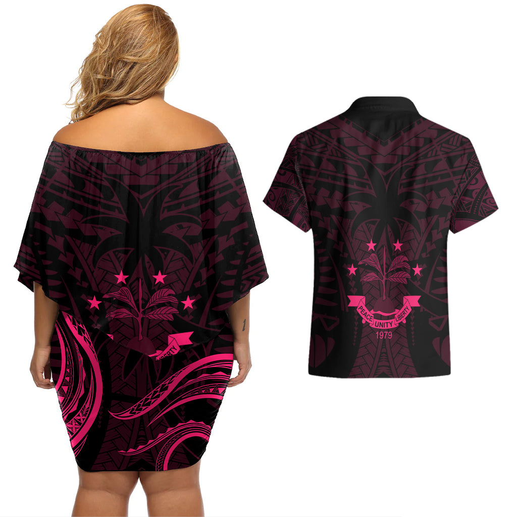 FSM Chuuk States Couples Matching Off Shoulder Short Dress and Hawaiian Shirt Micronesia Vintage Polynesian Tribal Pink Version LT9 - Polynesian Pride