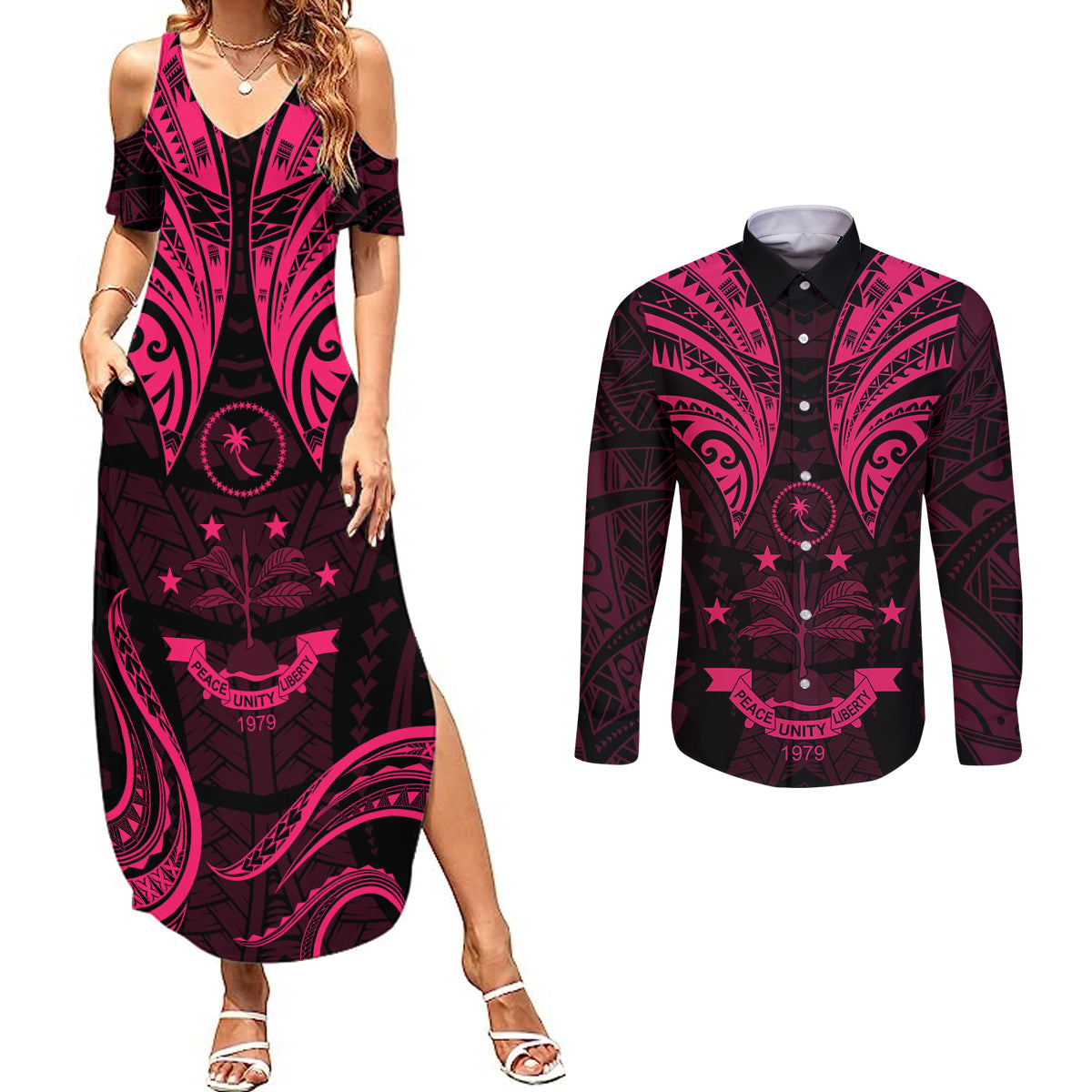 FSM Chuuk States Couples Matching Summer Maxi Dress and Long Sleeve Button Shirts Micronesia Vintage Polynesian Tribal Pink Version LT9 Pink - Polynesian Pride