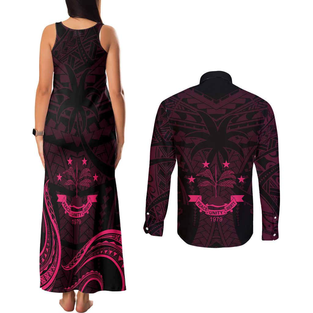 FSM Chuuk States Couples Matching Tank Maxi Dress and Long Sleeve Button Shirts Micronesia Vintage Polynesian Tribal Pink Version LT9 - Polynesian Pride