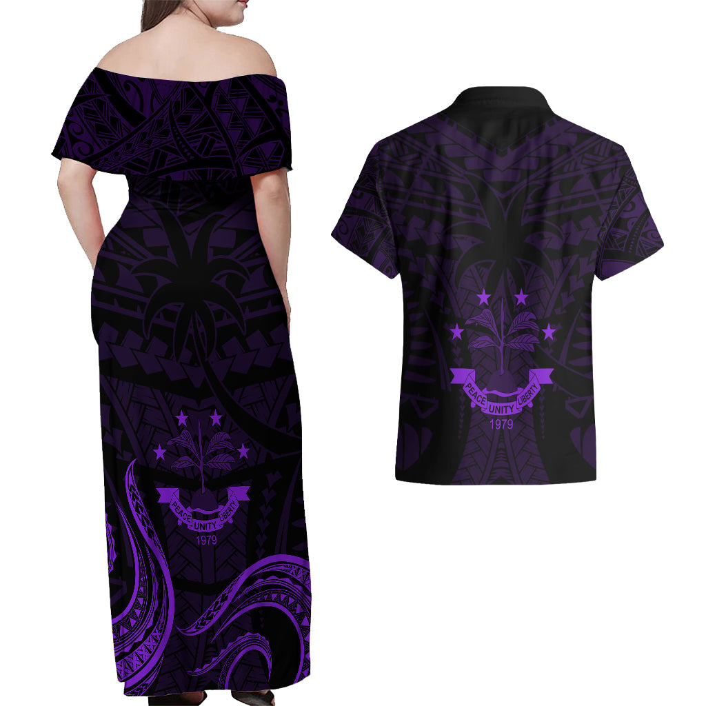 FSM Chuuk States Couples Matching Off Shoulder Maxi Dress and Hawaiian Shirt Micronesia Vintage Polynesian Tribal Purple Version LT9 - Polynesian Pride