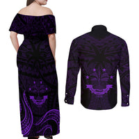 FSM Chuuk States Couples Matching Off Shoulder Maxi Dress and Long Sleeve Button Shirts Micronesia Vintage Polynesian Tribal Purple Version LT9 - Polynesian Pride