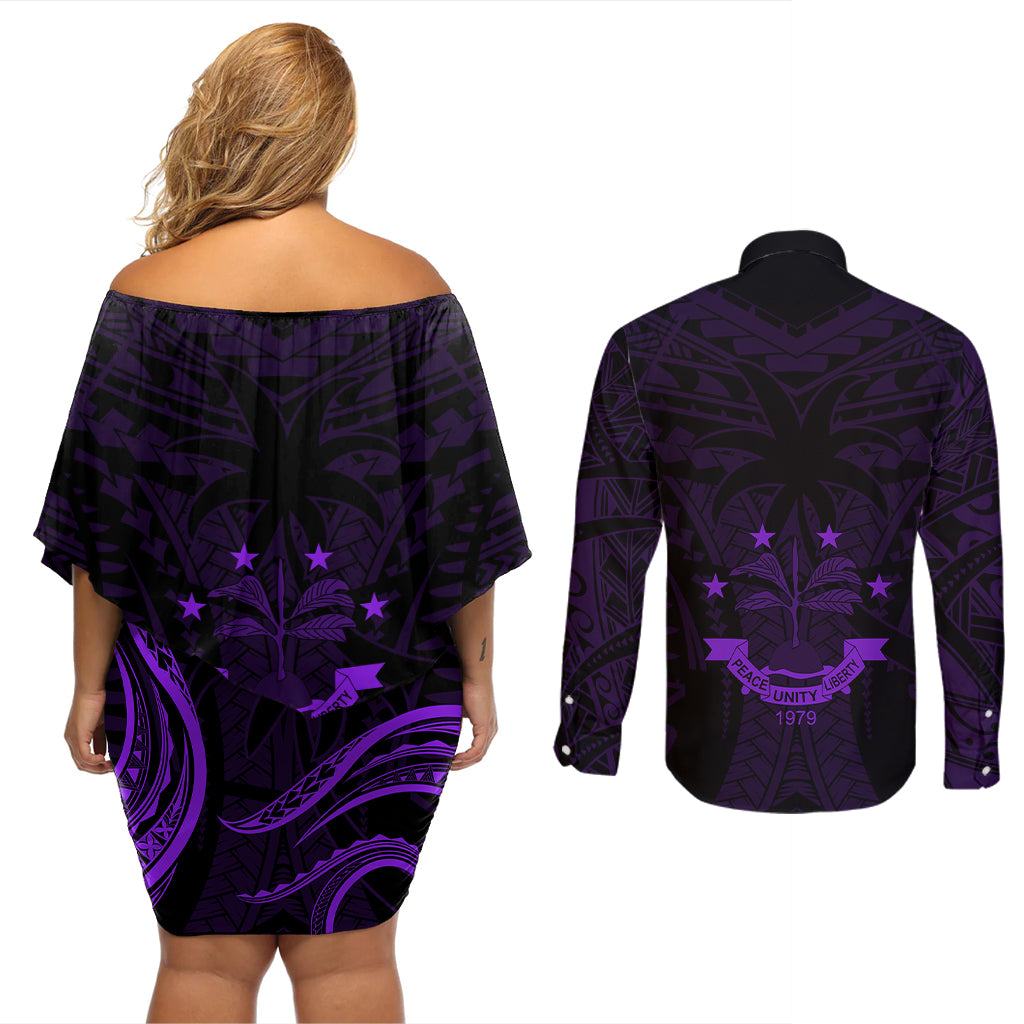 FSM Chuuk States Couples Matching Off Shoulder Short Dress and Long Sleeve Button Shirts Micronesia Vintage Polynesian Tribal Purple Version LT9 - Polynesian Pride