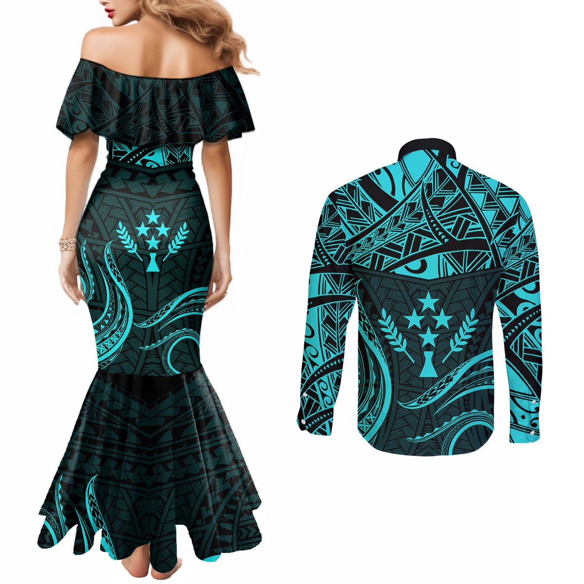 FSM Kosrae States Couples Matching Mermaid Dress and Long Sleeve Button Shirts Micronesia Vintage Polynesian Tribal Aqua Version LT9 - Polynesian Pride