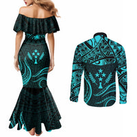 FSM Kosrae States Couples Matching Mermaid Dress and Long Sleeve Button Shirts Micronesia Vintage Polynesian Tribal Aqua Version LT9 - Polynesian Pride