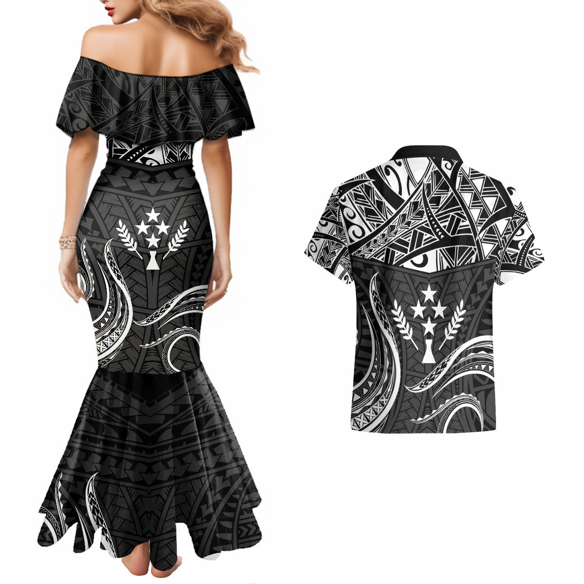 FSM Kosrae States Couples Matching Mermaid Dress and Hawaiian Shirt Micronesia Vintage Polynesian Tribal Black Version LT9 - Polynesian Pride
