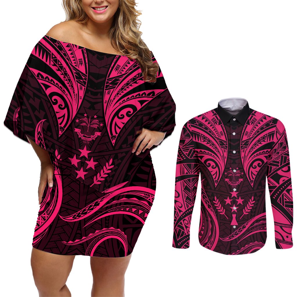 FSM Kosrae States Couples Matching Off Shoulder Short Dress and Long Sleeve Button Shirts Micronesia Vintage Polynesian Tribal Pink Version LT9 Pink - Polynesian Pride