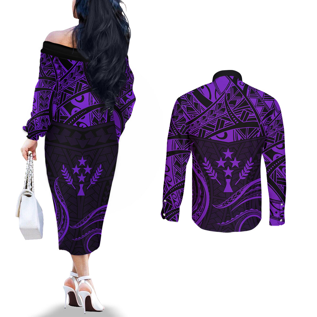 FSM Kosrae States Couples Matching Off The Shoulder Long Sleeve Dress and Long Sleeve Button Shirts Micronesia Vintage Polynesian Tribal Purple Version LT9 - Polynesian Pride