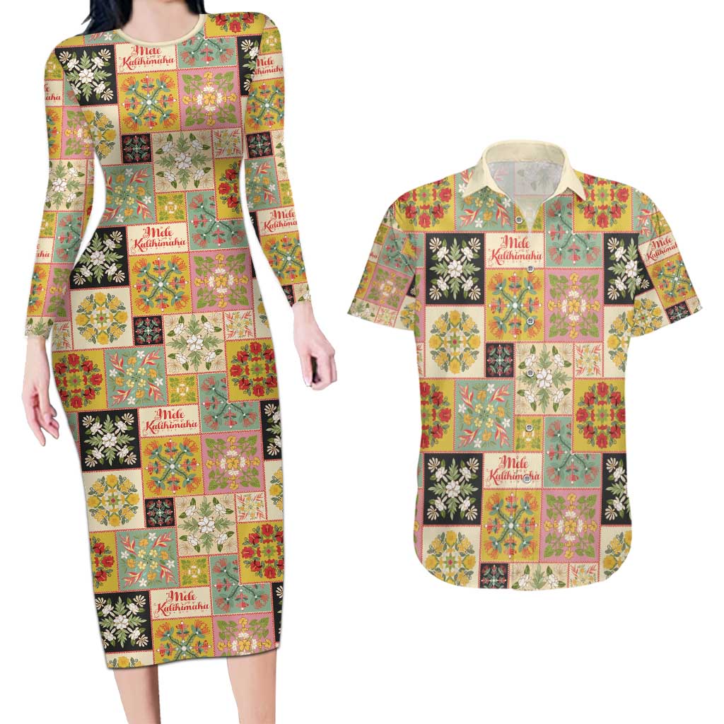 Mele Kalikimaka Hawaii Christmas Couples Matching Long Sleeve Bodycon Dress and Hawaiian Shirt Melemele Mama Seamless Floral Motif - Polynesian Pride