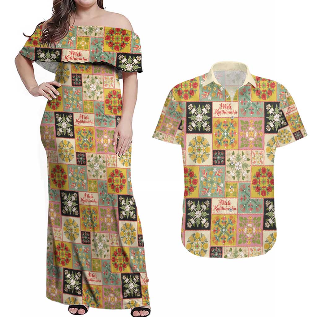 Mele Kalikimaka Hawaii Christmas Couples Matching Off Shoulder Maxi Dress and Hawaiian Shirt Melemele Mama Seamless Floral Motif - Polynesian Pride