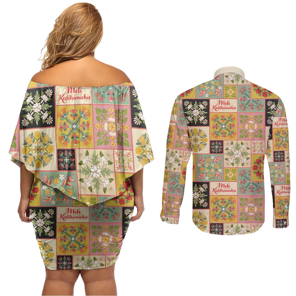 Mele Kalikimaka Hawaii Christmas Couples Matching Off Shoulder Short Dress and Long Sleeve Button Shirt Melemele Mama Seamless Floral Motif - Polynesian Pride