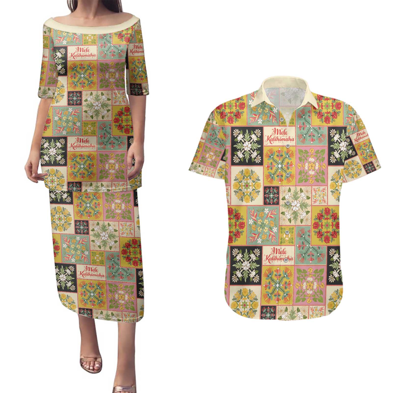 Mele Kalikimaka Hawaii Christmas Couples Matching Puletasi and Hawaiian Shirt Melemele Mama Seamless Floral Motif - Polynesian Pride